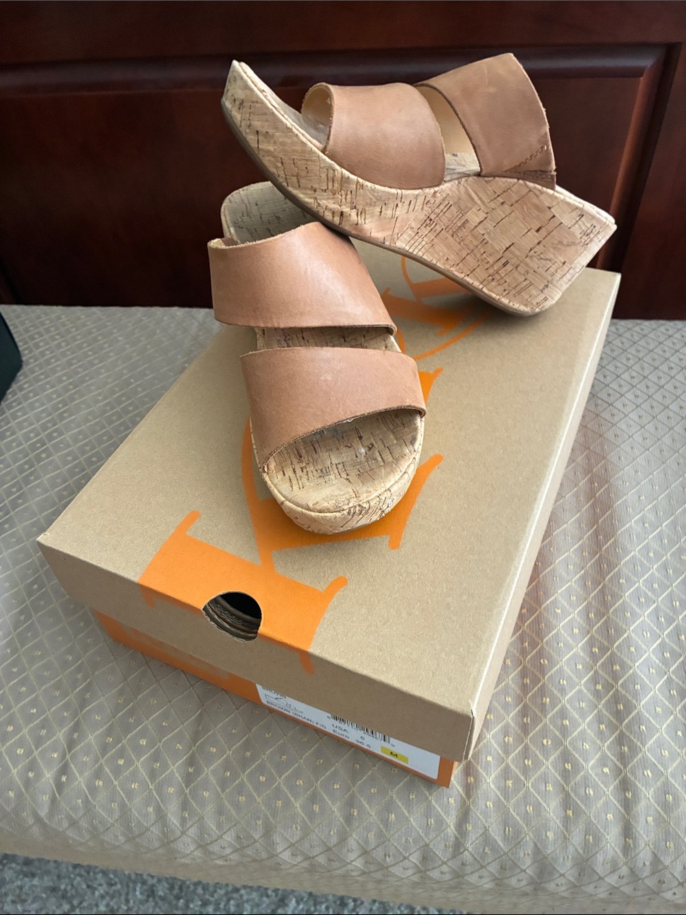 Leather Korks Wedge Slide Sandals - Tan